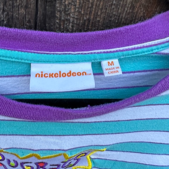 Vintage Nickelodeon Rugrats Purple White Turquoise Striped Tee Shirt Logo - Picture 5 of 6